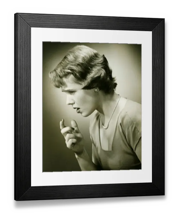 Framed Print : Woman gesturing in studio, (B&W), (Close-up), (Portrait) Framed Print : Woman gesturing in studio, (B&W), (Close-up), (Portrait)