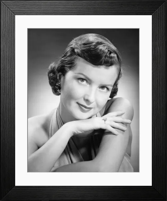 Framed Print : Elegant woman posing in studio, (B&W), (Close-up), (Portrait) Framed Print : Elegant woman posing in studio, (B&W), (Close-up), (Portrait)