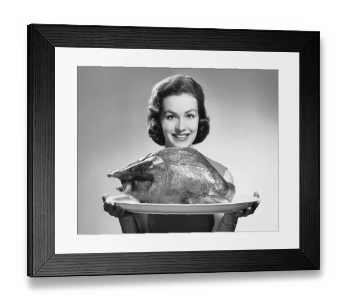 Framed Print : Woman holding platter with roast turkey Framed Print : Woman holding platter with roast turkey