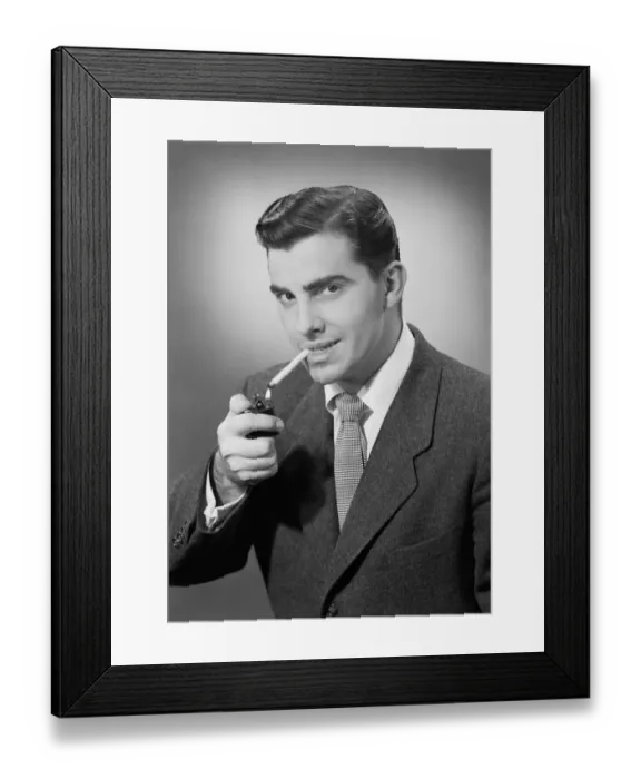 Framed Print : Man lighting cigarette, portrait Framed Print : Man lighting cigarette, portrait