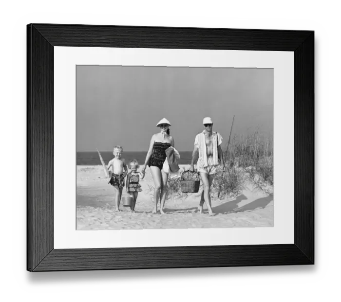 Framed Print : Family walking on beach, carrying fishing poles and portable cooler Framed Print : Family walking on beach, carrying fishing poles and portable cooler