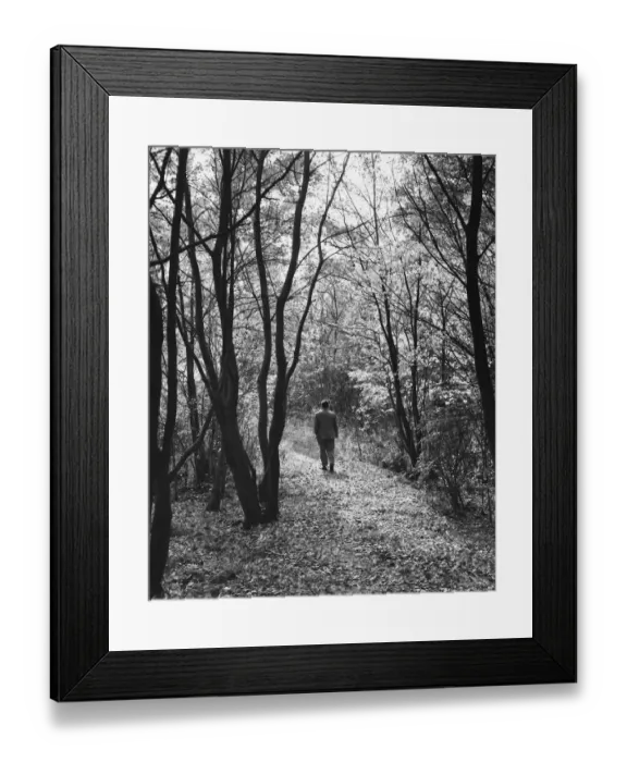 Framed Print : Man walking on path in forest Framed Print : Man walking on path in forest
