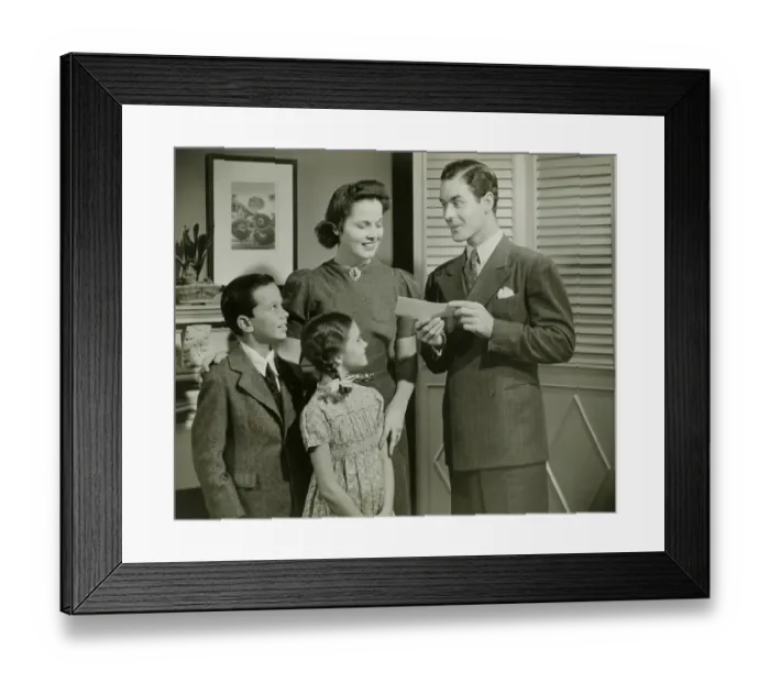 Framed Print : Man showing cheque or telegram to family Framed Print : Man showing cheque or telegram to family