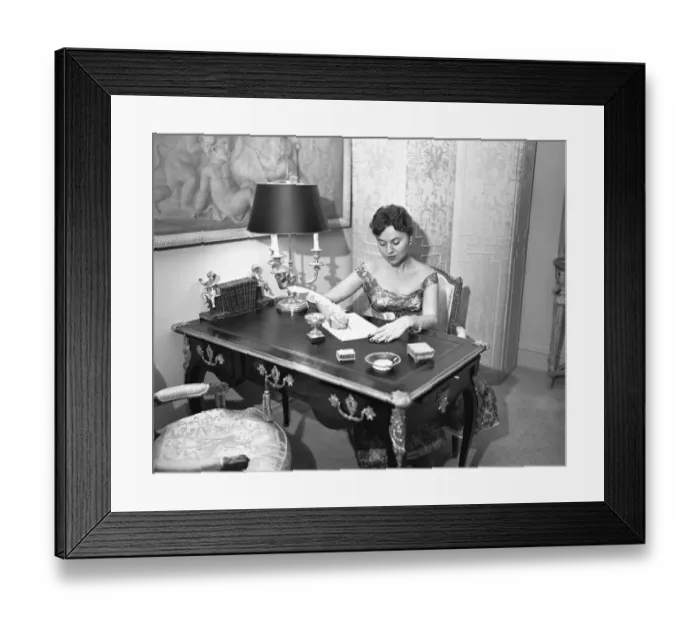 Framed Print : Woman writing at desk with quill pen, (B&W), elevated view Framed Print : Woman writing at desk with quill pen, (B&W), elevated view