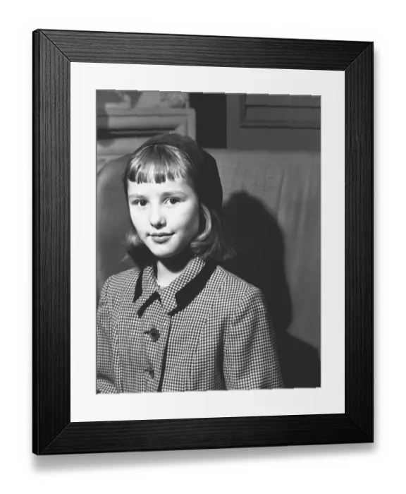 Framed Print : Girl (12-13) posing at home, (B&W), portrait Framed Print : Girl (12-13) posing at home, (B&W), portrait