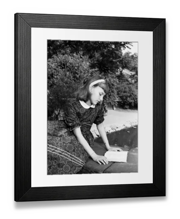 Framed Print : Girl (12-13) reading book, sitting on bridge in park Framed Print : Girl (12-13) reading book, sitting on bridge in park