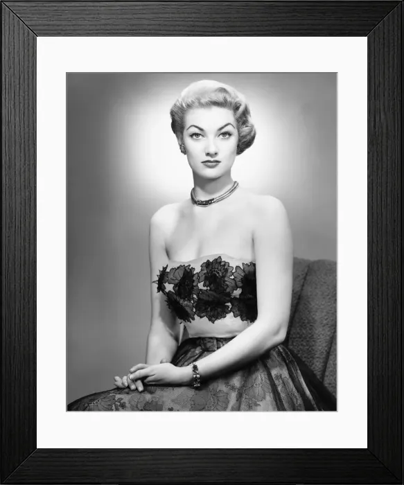 Framed Print : Woman in evening dress posing in studio (B&W), portrait