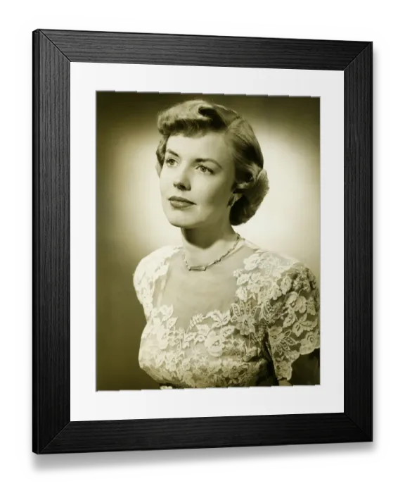 Framed Print : Woman wearing lace dress posing in studio, (B&W), (Close-up), (Portrait) Framed Print : Woman wearing lace dress posing in studio, (B&W), (Close-up), (Portrait)