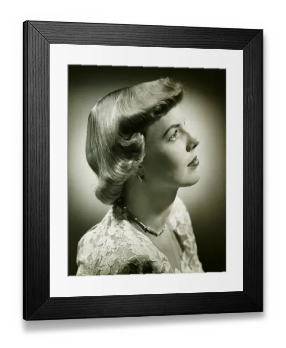 Framed Print : Woman wearing lace dress posing in studio, (B&W), (Close-up), (Portrait) Framed Print : Woman wearing lace dress posing in studio, (B&W), (Close-up), (Portrait)