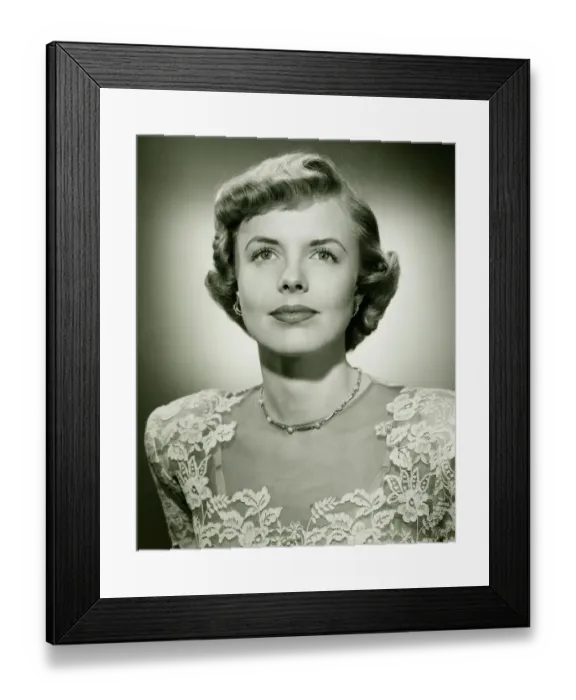 Framed Print : Woman wearing lace dress posing in studio, (B&W), (Close-up), (Portrait) Framed Print : Woman wearing lace dress posing in studio, (B&W), (Close-up), (Portrait)