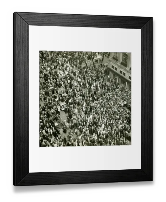 Framed Print : Crowd of people on street, news media broadcasting, (B&W), (Aerial view) Framed Print : Crowd of people on street, news media broadcasting, (B&W), (Aerial view)
