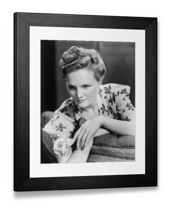 Framed Print : Woman holding rose (B&W), portrait Framed Print : Woman holding rose (B&W), portrait