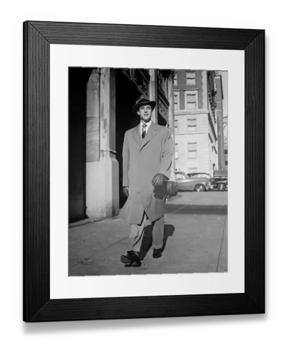 Framed Print : Elegant man walking alone along city street, (B&W)