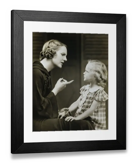 Framed Print : Mother scolding daughter (6-7), (B&W) Framed Print : Mother scolding daughter (6-7), (B&W)