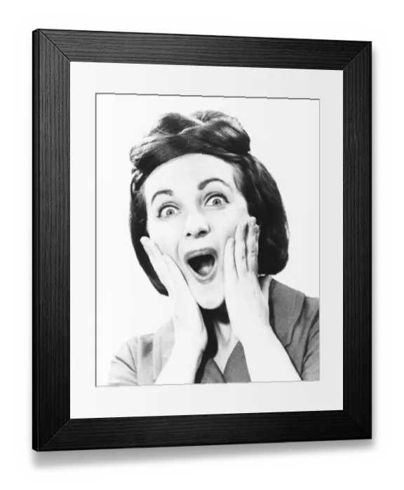 Framed Print : Woman making face, (B&W), portrait Framed Print : Woman making face, (B&W), portrait