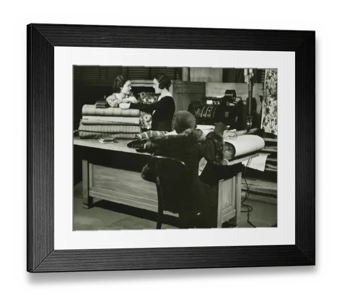 Framed Print : Three women in fabric shop, (B&W) Framed Print : Three women in fabric shop, (B&W)
