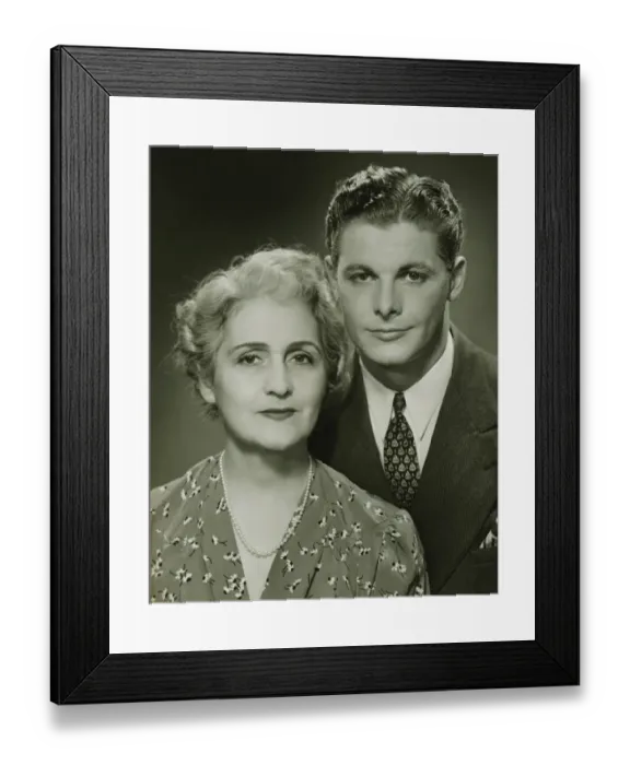 Framed Print : Mother and adult son, formal portrait, in studio, (B&W), portrait
