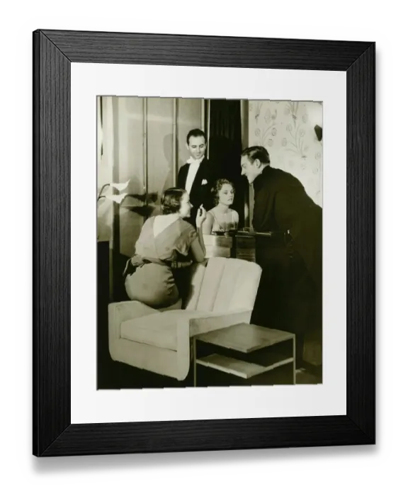 Framed Print : Two young couples gathered around piano in living room, (B&W) Framed Print : Two young couples gathered around piano in living room, (B&W)