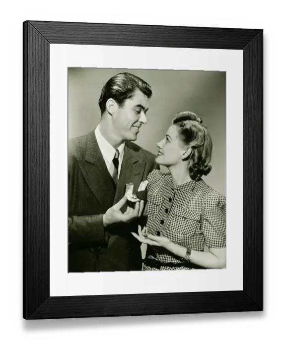 Framed Print : Couple with engagement ring, (B&W) Framed Print : Couple with engagement ring, (B&W)