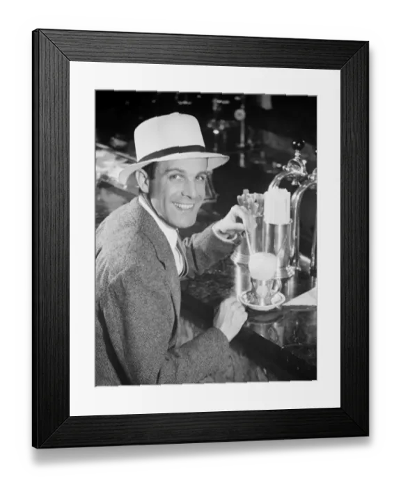 Framed Print : Man drinking ice cream soda (B&W), portrait Framed Print : Man drinking ice cream soda (B&W), portrait