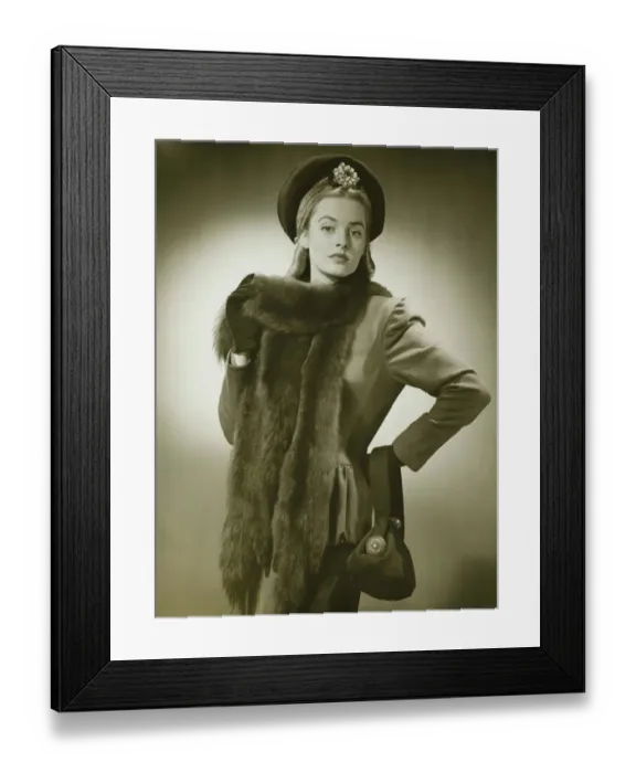 Framed Print : Young woman with fur collar posing in studio, (B&W), portrait Framed Print : Young woman with fur collar posing in studio, (B&W), portrait