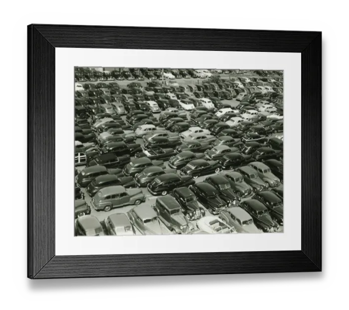 Framed Print : Parking full of cars, (B&W), (elevated view Framed Print : Parking full of cars, (B&W), (elevated view