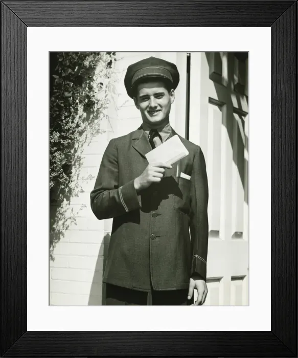 Framed Print : Mailman holding blank form outdoors, (B&W), portrait