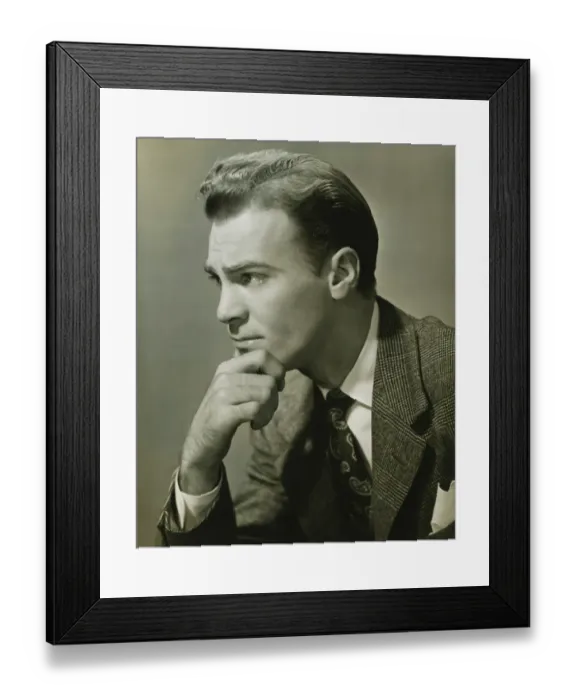 Framed Print : Businessman with pensive expression, (B&W), close-up Framed Print : Businessman with pensive expression, (B&W), close-up