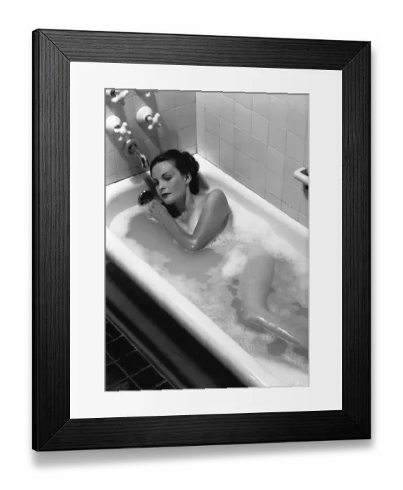 Framed Print : Woman relaxing in bath, (B&W), elevated view Framed Print : Woman relaxing in bath, (B&W), elevated view