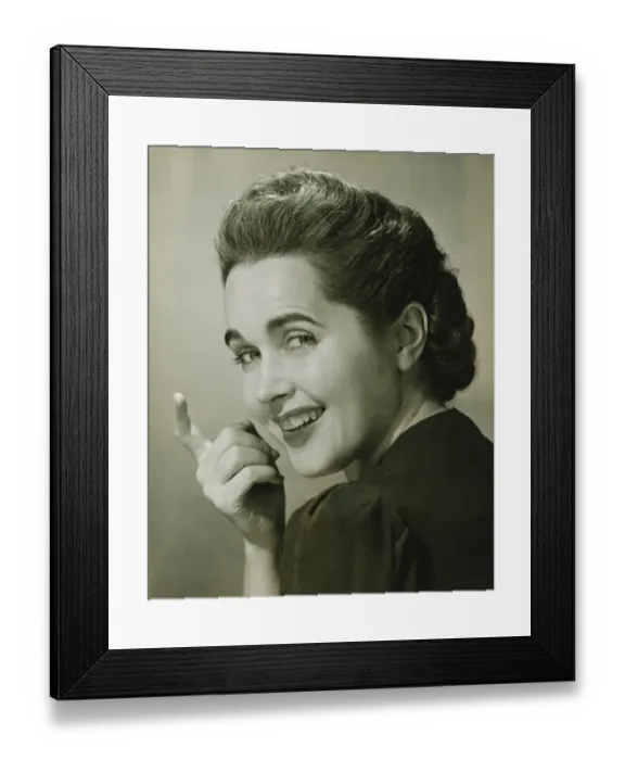 Framed Print : Young woman beckoning, (B&W), portrait Framed Print : Young woman beckoning, (B&W), portrait