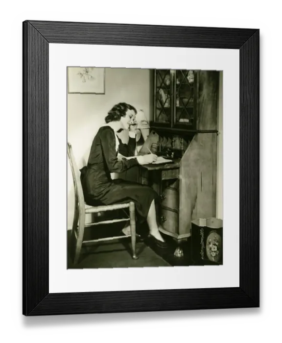 Framed Print : Woman writing letter at bureau, (B&W)