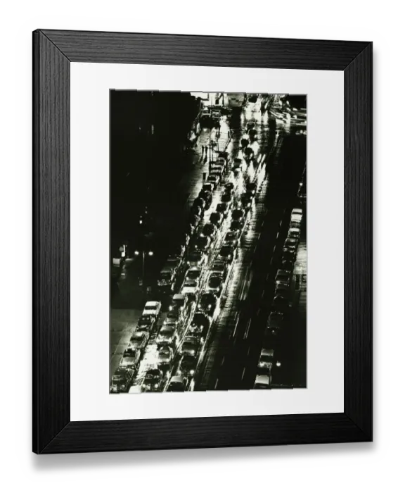 Framed Print : Busy city street at night, (B&W), (Aerial view)