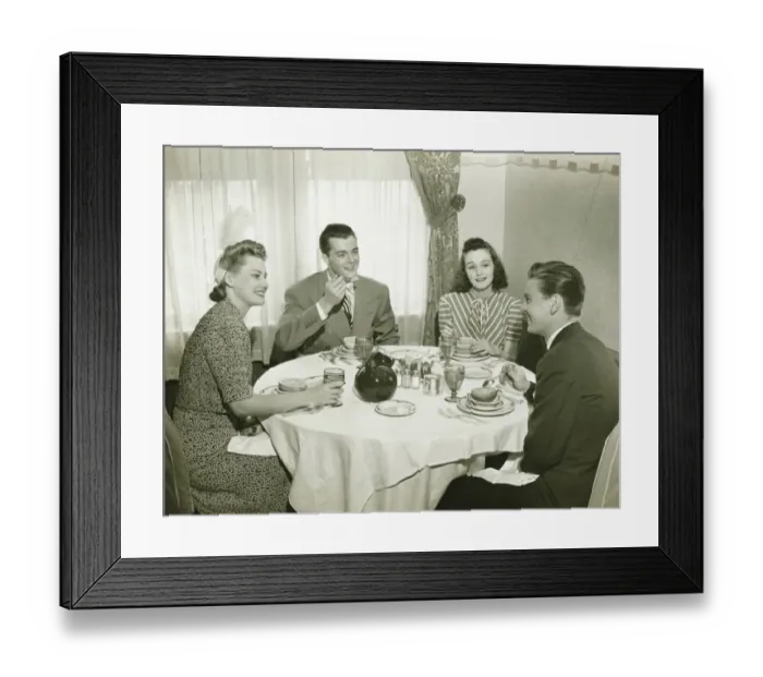 Framed Print : Two couples having dinner, (B&W)