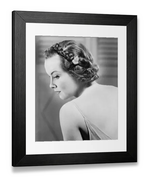 Framed Print : Young woman in bedroom wearing slip, (B&W), portrait Framed Print : Young woman in bedroom wearing slip, (B&W), portrait
