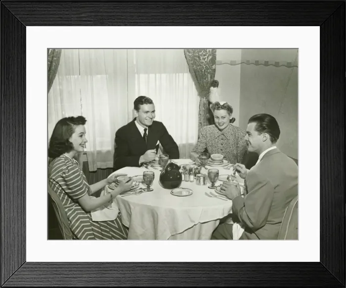 Framed Print : Two couples having dinner, (B&W) Framed Print : Two couples having dinner, (B&W)