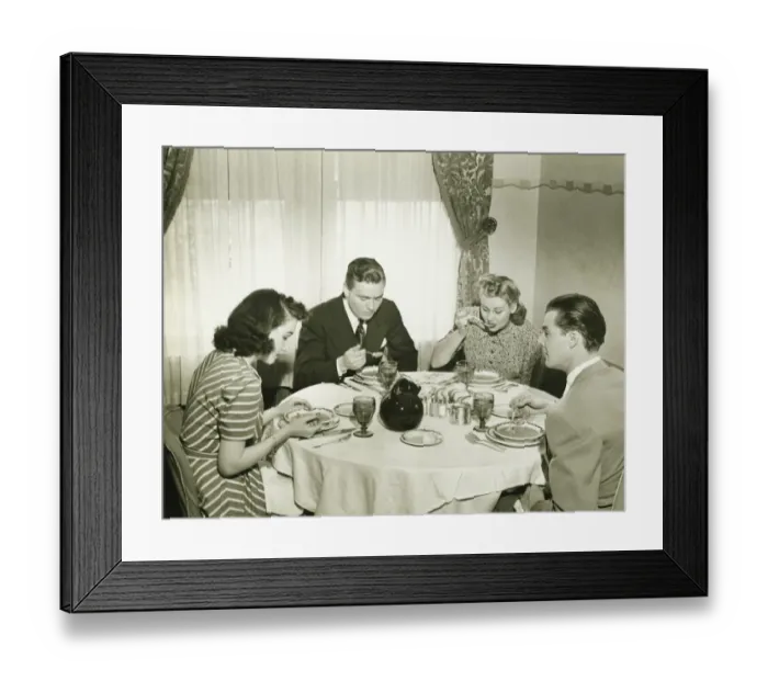 Framed Print : Two couples having dinner, (B&W) Framed Print : Two couples having dinner, (B&W)