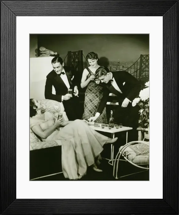 Framed Print : Two elegant couples on party, (B&W) Framed Print : Two elegant couples on party, (B&W)