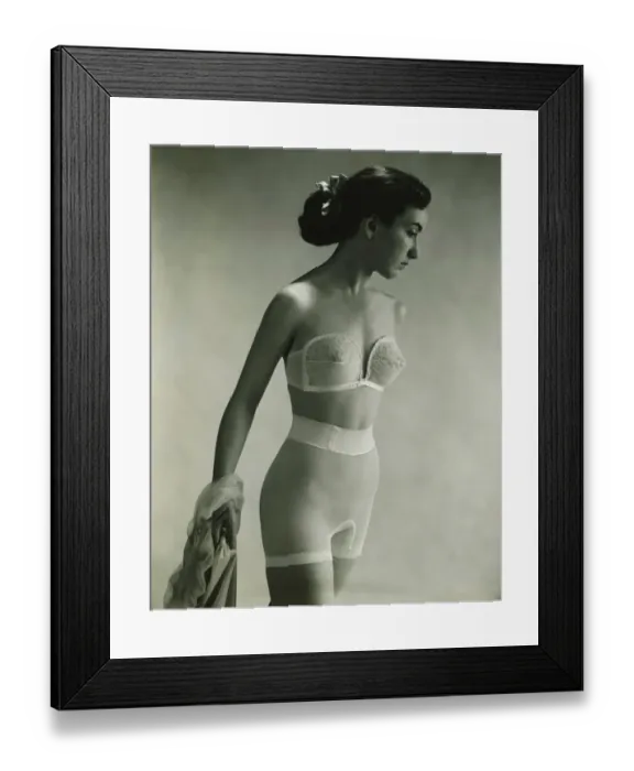 Framed Print : Woman in underwear posing in studio, (B&W), portrait