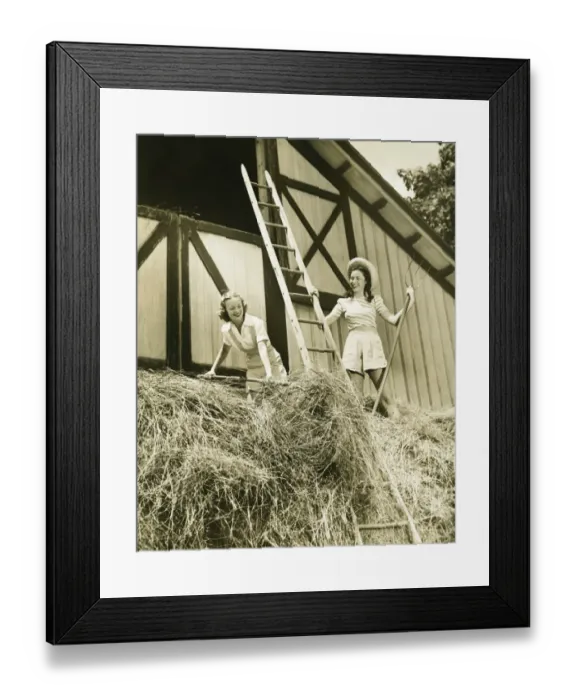 Framed Print : Two young women pitching hay, (B&W)