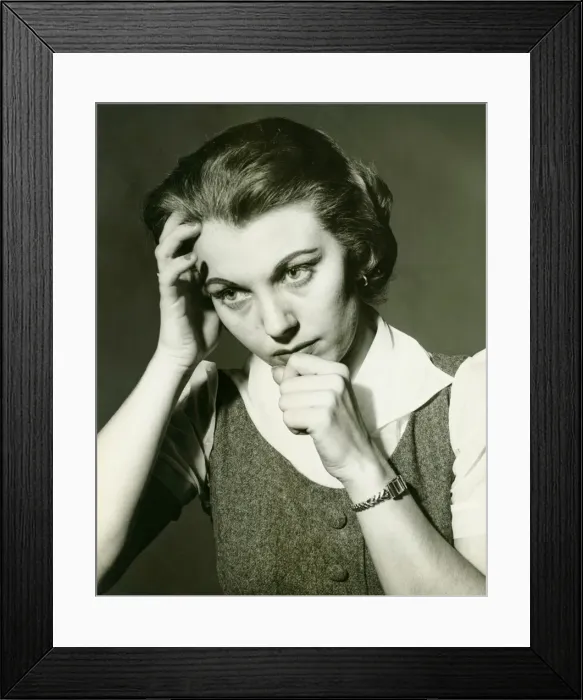 Framed Print : Tired woman posing in studio, (B&W), portrait Framed Print : Tired woman posing in studio, (B&W), portrait