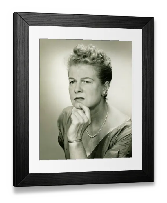 Framed Print : Woman with hand on chin, (B&W), portrait Framed Print : Woman with hand on chin, (B&W), portrait