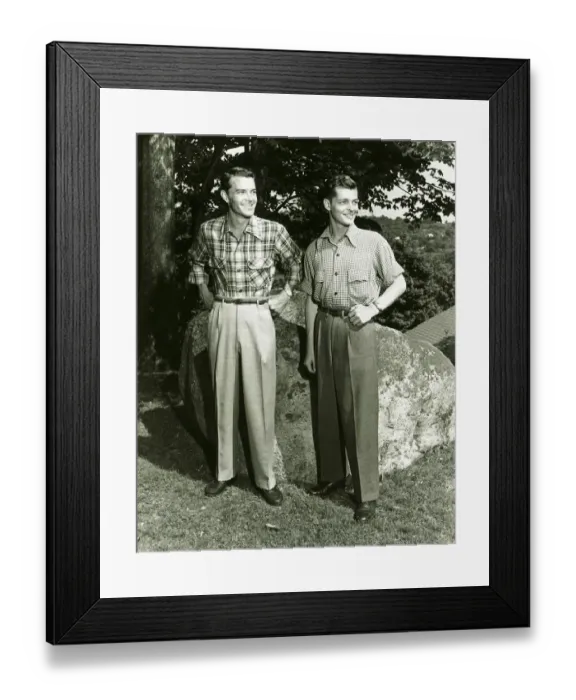 Framed Print : Two young men standing outdoors, (B&W)