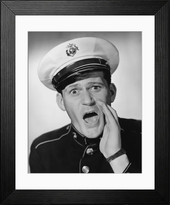 Framed Print : Marine in military uniform screaming in studio, (B&W), portrait Framed Print : Marine in military uniform screaming in studio, (B&W), portrait