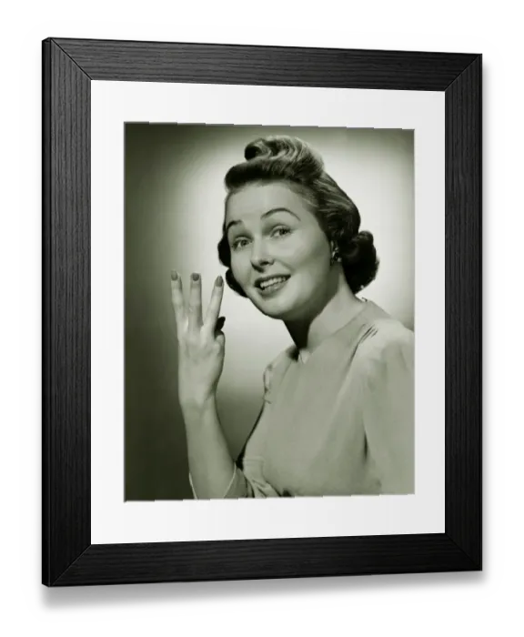 Framed Print : Woman showing three fingers in studio, (B&W), portrait