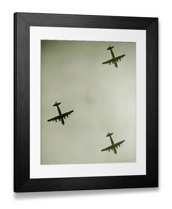 Framed Print : Three airplanes in flight, (B&W), view from below Framed Print : Three airplanes in flight, (B&W), view from below