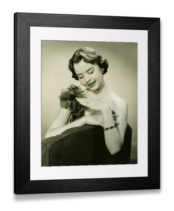 Framed Print : Young woman looking at ring, (B&W) Framed Print : Young woman looking at ring, (B&W)