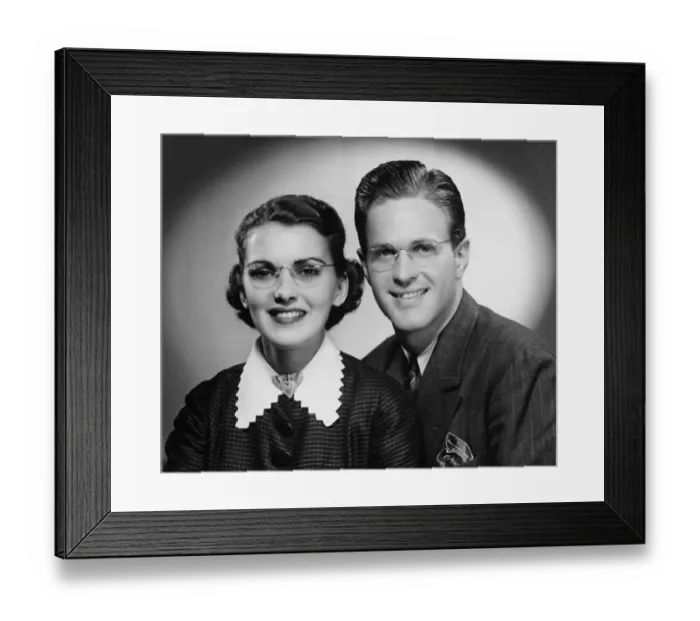 Framed Print : Young smiling couple, (B&W), portrait Framed Print : Young smiling couple, (B&W), portrait