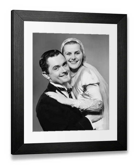 Framed Print : Young smiling couple, (B&W), portrait Framed Print : Young smiling couple, (B&W), portrait
