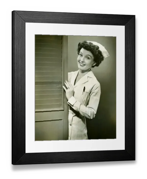 Framed Print : Nurse peeping trough opened doors, (B&W) Framed Print : Nurse peeping trough opened doors, (B&W)