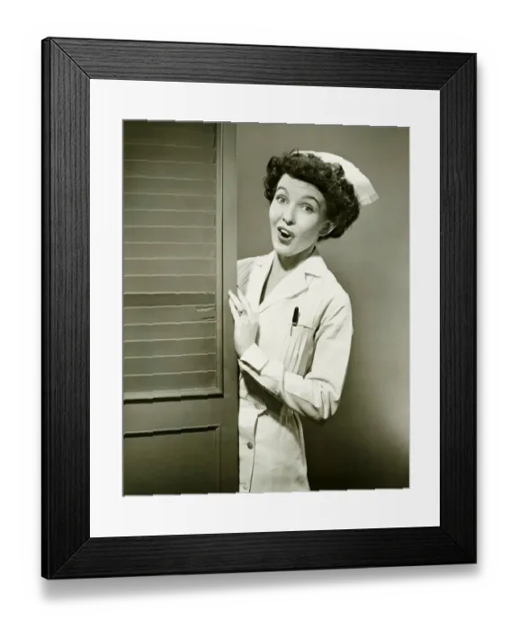 Framed Print : Nurse peeping trough opened doors, (B&W) Framed Print : Nurse peeping trough opened doors, (B&W)